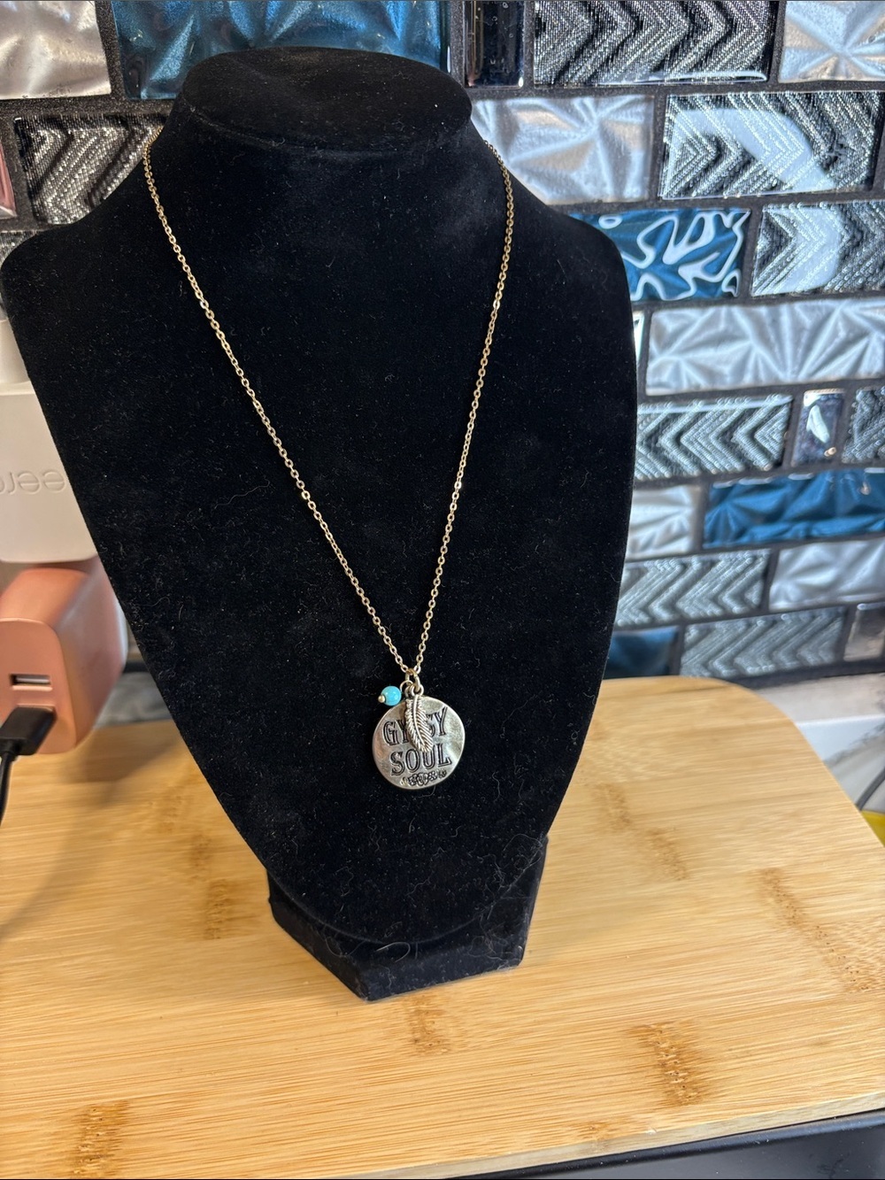 Gold-Tone 'Gypsy Soul' Pendant Necklace with Teal Accent Bead and earrings